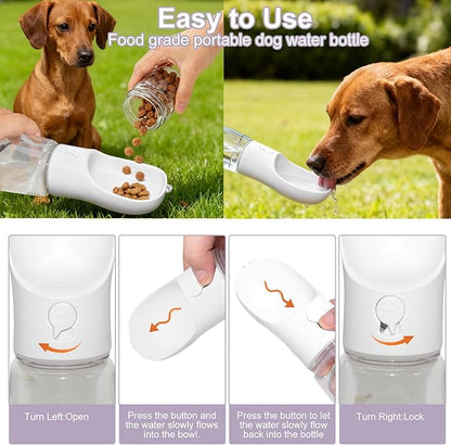 Dog Water Bottle, Portable Water Bottle with Food Container for Dogs Cat Pet Hiking Walking Travel Camping, Leak-Proof Dog Water Bowl Dispenser with Feeder Function Puppy Essentials (11.5oz White)