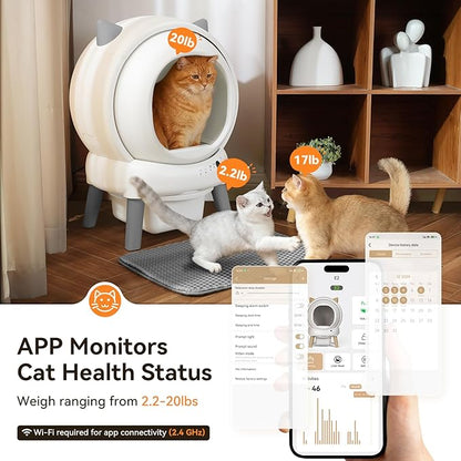 Automatic Cat Litter Box - E2 Self Cleaning Litter Box Smart Robot for Multiple Cats, APP Real-Time Monitor, Weight Monitoring, Safe Anti-Pinch Liners and Mat Included（White）