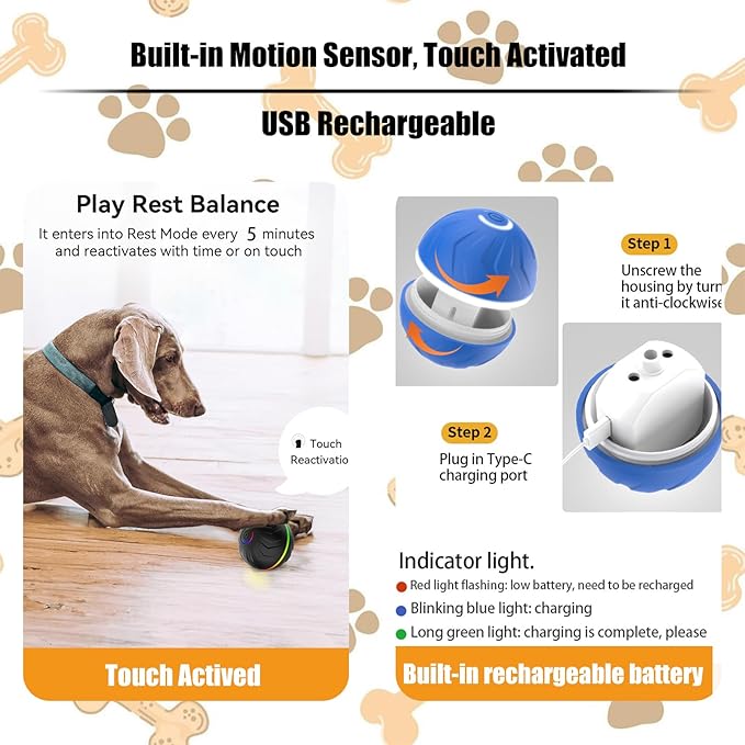 Valentines Day Gifts Interactive Dog Toys Dogs Ball,Moving Dog Toy with Touch Activated,Anti Boredom Dog Toys for Small Medium Dogs,Tough Motion Activated Automatic Vibrating Dog Ball
