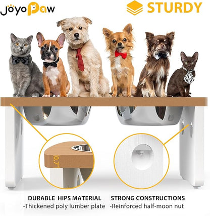 Elevated Dog Bowls, Waterproof Raised Dog Bowl for Medium Dogs, HIPS Poly Lumber Stand with 2 Stainless Steel Bowls, Indoor & Outdoor Use (7'' Tall-40 oz Bowl, Teak-White)