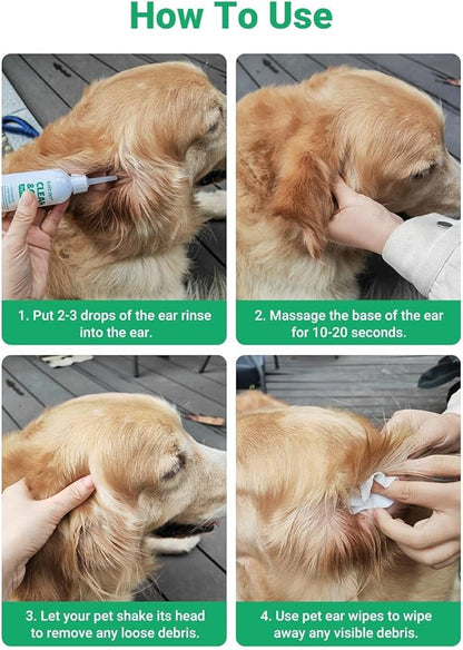 Ear Cleaner for Dogs and Cats with Flexible Long Tube- Ear Infection Treatment, Deep Canal Solution for Ear Mites, Infections, Itch, Wax & Smell, Safe Aloe Vera Formula, 4 oz