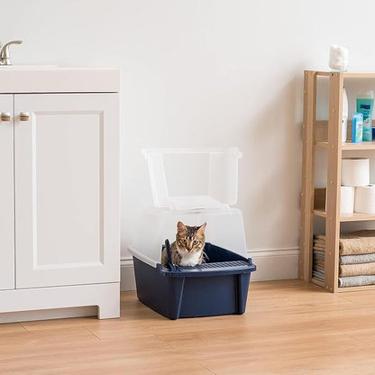 IRIS USA Cat Litter Box, Litter Box Enclosure with Scoop, Split Hood and Front Door Flap, Covered Kitty Litter Box for Privacy, Portable, Easy to Clean, Navy
