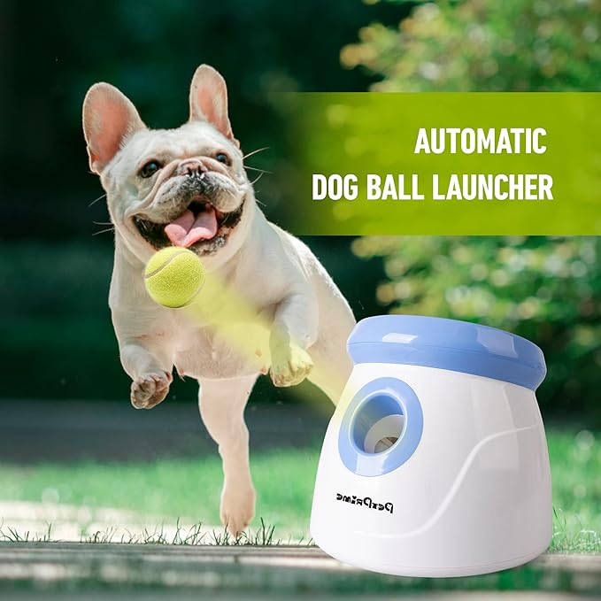 Pet Prime Automatic Dog Ball Thrower Launcher for Small and Medium Dogs, Interative Dog Fetch Machine with 3 Tennis Balls (2'') for Indoor/Outdoor Throwing Game Launch Distance 10-30ft
