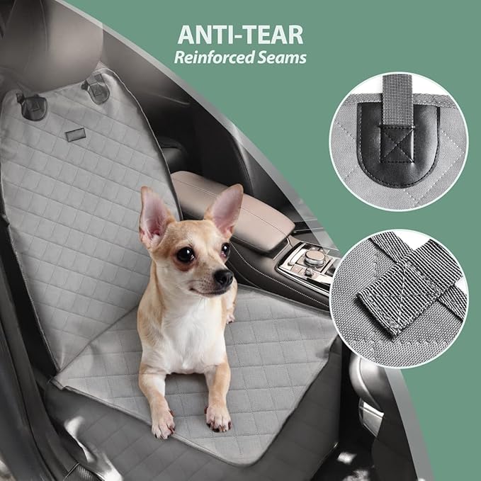FURHAB Dog Car Front Seat Cover with Side Flaps & Buckle Straps for Pet, 100% Waterproof 600D Oxford Single Seat Protector Heavy Duty Quilted Scratch Proof, Universal Size for SUV Truck, Grey