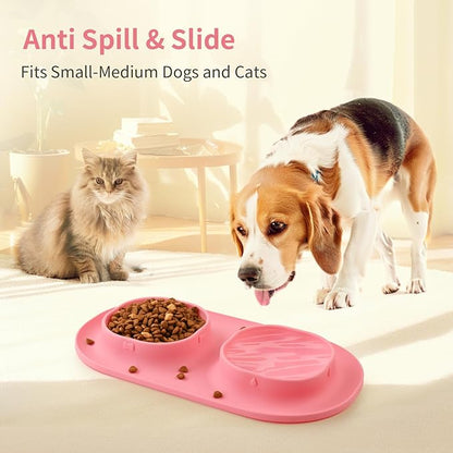 Small Size Puppy Dog Bowls: Food and Water Bowls Set for Small Dogs, No-Spill Non-Skid Dog Dish, Pink
