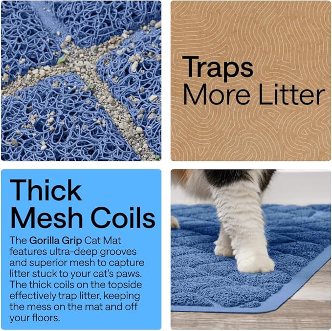 GORILLA GRIP Cat Litter Box Mat, 47x35, Cushioned Coil Mesh Litter Trapping Mats, Scatter Control Supplies for Less Mess, Phthalate Free, Ultra Deep Catch Grooves, Rinse or Vacuum to Clean, Navy Blue