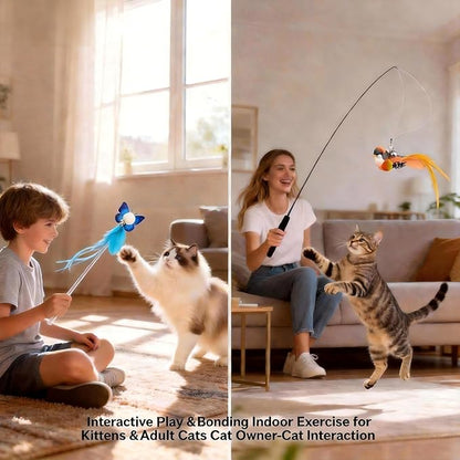 Cat Toy Set 11PCS: Interactive Bird Toys for Indoor Kittens & Cat Teaser Wand, 39" Fishing Pole + 18.5" Short Telescopic Wand, 2 Wires, 6 Feather & 1 Bird Toy – EVA Handles, Exercising, Playing