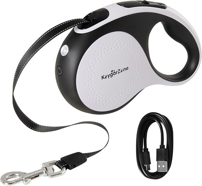 Retractable Dog Leash for Large Dogs with LED Light, 16.4ft Long Pet Leash up to 110lb Pull, 360° Tangle-Free One-Button Control for Small & Large Dogs & Cats, with Charging Cable, White