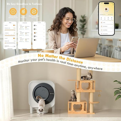 Automatic Cat Litter Box, Self Cleaning Litter Box with App Control, 75l Large Cat Litter Box for Multi-Cat Homes, Infrared & Weight Sensors, Odor Eliminator, Easy Cleaning, 20 Trash Bags, Black
