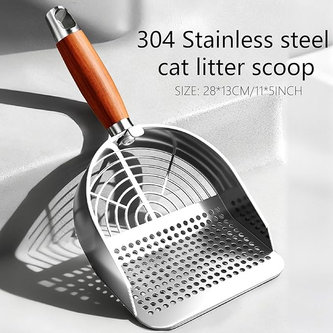 DHXYZZB Cat Litter Scoop 304 Stainless Steel Litter Shovel, Heavy Duty Litter Sifter, Litter Scooper with Wooden Handle Dual Sifting Design Perfect for Cat Litter Box Cleaning