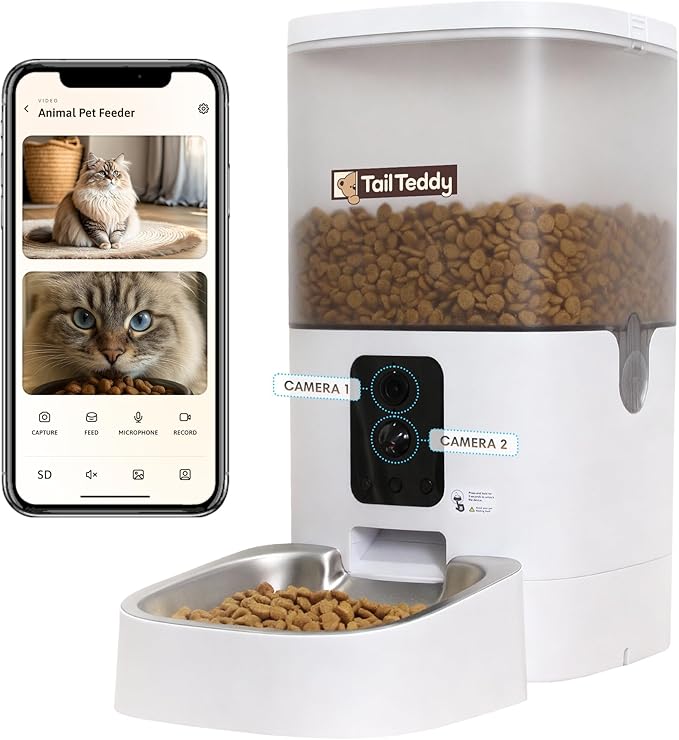 TailTeddy Automatic Cat Feeder with Dual Camera & AI Detection (6L), Smart Pet Feeder with WiFi App & Two-Way Audio, Timed Cat Feeder up to 6 Meals/Day, Stainless Steel Bowl & Battery Backup