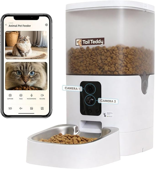 TailTeddy Automatic Cat Feeder with Dual Camera & AI Detection (6L), Smart Pet Feeder with WiFi App & Two-Way Audio, Timed Cat Feeder up to 6 Meals/Day, Stainless Steel Bowl & Battery Backup