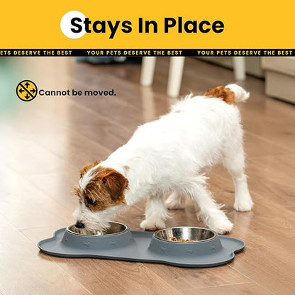 Stainless Steel Dog Bowls with Non-Slip Silicone Mat, Spill Proof Food & Water Bowls Set, Easy Clean Puppy Food Dish, Dishwasher Safe, Suitable for Dogs Cats Pet Under 20lbs, Small, Grey