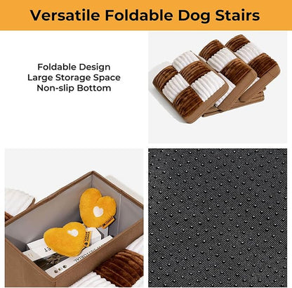FUNNYFUZZY Dog Stairs for Small Dogs - 5 Steps Chessboard Plaid Handcrafted Dog Stairs with Storage - Multifunctional and Foldable, Brown