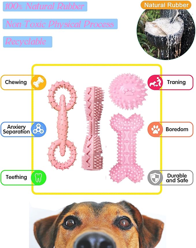 4 Pack Puppy Teething Toys Dog Durable Chew Toys Soft Rubber Toy Dog Teeth Cleaning Toothbrush Toy Cute Interactive Toys for Puppies Small Breed (Pink)