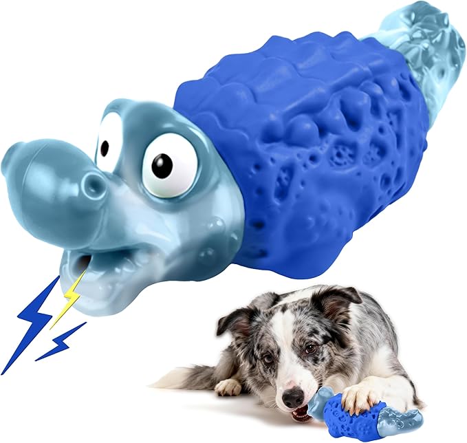 Dog Chew Toys for Aggressive Chewers, Tough Squeaky Dog Toy for Large Medium Dogs, Bacon Flavor Nylon & Natural Rubber, Dental Care Interactive Dog Toys to Reduce Boredom, Royal Blue