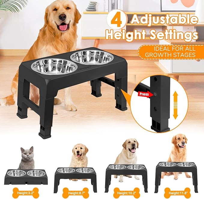 URPOWER Raised Dog Bowls 4 Height Adjustable Elevated Bowl Stand with Stainless Steel Water Bowl Non-Slip Dog Food Bowls Stand for Small Medium Large Dogs and Pets