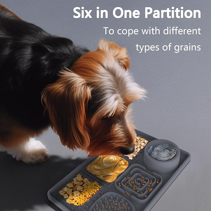 6-in-1 Silicone Pet Feeding Mat,Slow Feeder Bowl with Lick Pad with Non-Slip Suction Base for Cats & Dogs,Healthy Eating,Treat & Water Station,Dishwasher Safe (12x8 Inches)