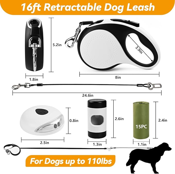 Heavy Duty Retractable Dog Leash for Large Dogs, 26ft Dog Leash with Poop Bag Holder, Up to 110lbs, chew Proof Cable, LED Light, 360° No-Tangle, One-Handed Pause & Locked. (White, M 16ft)