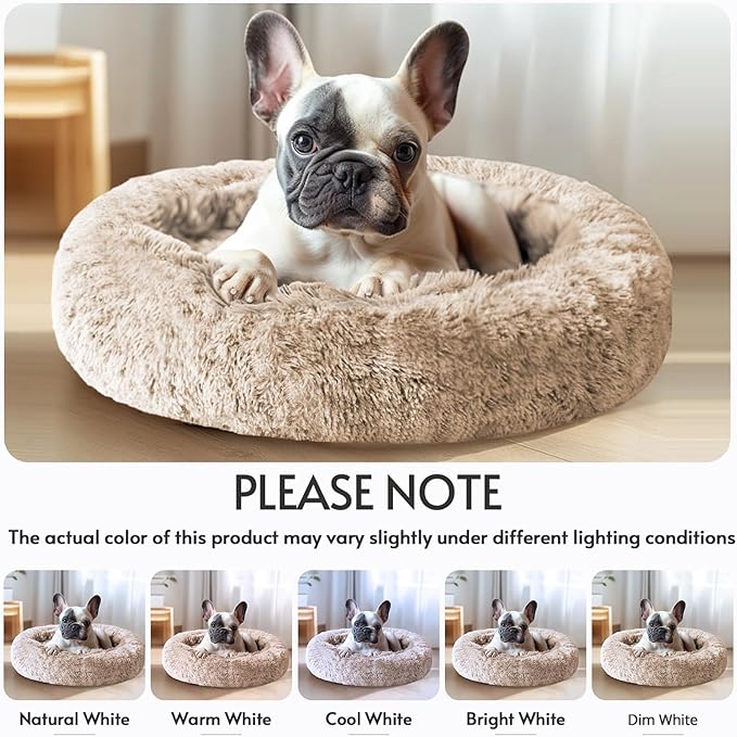 JOLLYVOGUE Calming Dog Bed for Small Dogs - 23 inches Donut Washable Small Dog Bed for Kittens & Puppies, Anti-Slip Round Fluffy Plush Faux Fur Cat Beds (Fits up to 25 lbs Pets, Cream Brown)
