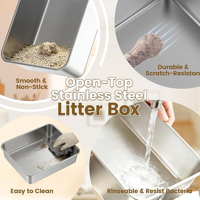 Stainless Steel Litter Box for Small Cats & Kittens, 11.8" High Sided Open Top Cat Litter Pan, Low Entry with Anti-Leak Design, Easy to Clean & Space-Saving, 17.3x13.4x11.8 Inches