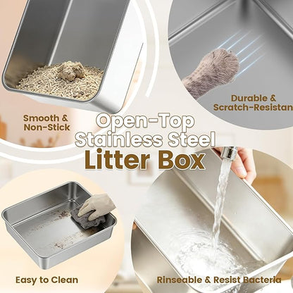 Stainless Steel Litter Box for Small Cats & Kittens, 11.8" High Sided Open Top Cat Litter Pan, Low Entry with Anti-Leak Design, Easy to Clean & Space-Saving, 17.3x13.4x11.8 Inches