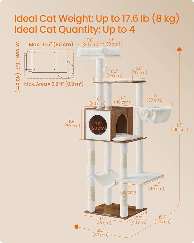 Feandrea Cat Tree, 65-Inch Tall Cat Tower, Multi-Level Condo with Cave, Basket, Hammock, Pompom, Scratching Posts, Honey Brown UPCT118K03