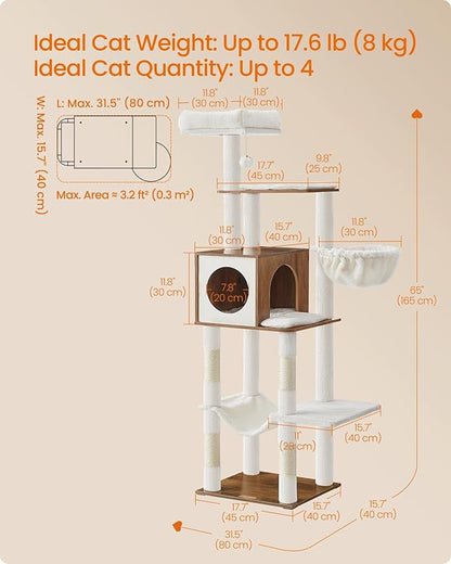 Feandrea Cat Tree, 65-Inch Tall Cat Tower, Multi-Level Condo with Cave, Basket, Hammock, Pompom, Scratching Posts, Honey Brown UPCT118K03