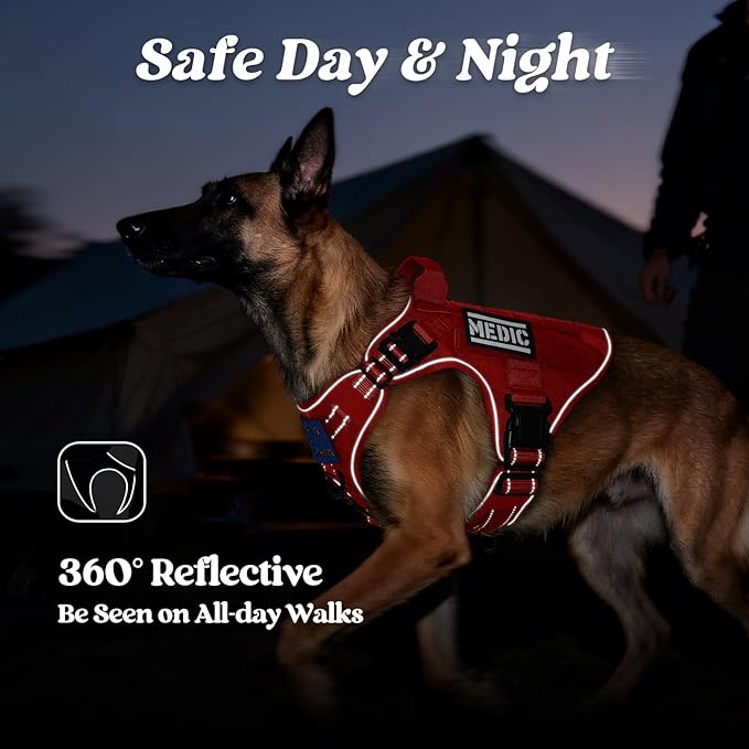 rabbitgoo Tactical Dog Harness for Large Dogs, No Pull Upgraded Reflective Heavy Duty Molle Vest with Handle, Adjustable Military Service Dog Vest for Walking Hiking Training, Red, XL