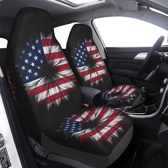 Foruidea USA Flag On Abstract Flower Car Seat Covers Universal 2 Pcs Auto Front Seat Cover Fit Most Cars,SUV,Sedan,Trucks