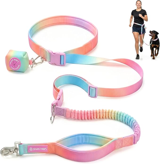 Spark Paws Handsfree Dog Leash – Shock Absorbing Waist Bungee Lead for Running, Car Seatbelt Clip & Poop Bag Set, Heavy Duty Tactical Lead for Medium, Large & X-Large Breeds - Pastel Icing