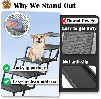 Dog Ramp for Car, SUV & Truck, Portable Pet Stairs with Non-Slip and Easy-Clean Surface, Extra Large Dog Step with Adjustable Size, Supports up to 250 lbs.