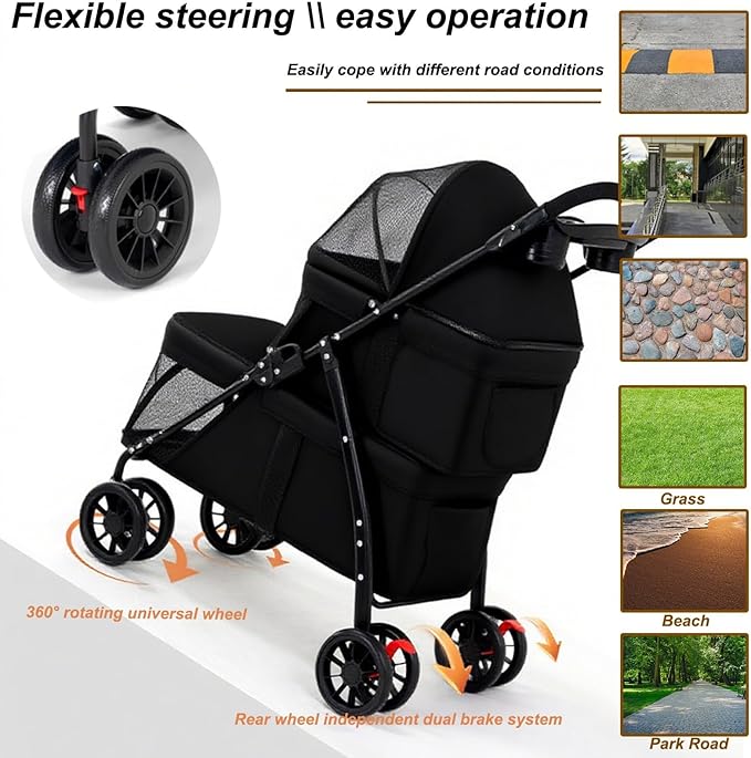 Double Dog Stroller for Medium Small Dogs and Cats Load-Bearing Up to 50lbs, Durable 360° Universal Wheels Lightweight One Hand Foldale Kittens Puppies Travel Stroller Cart(Double)