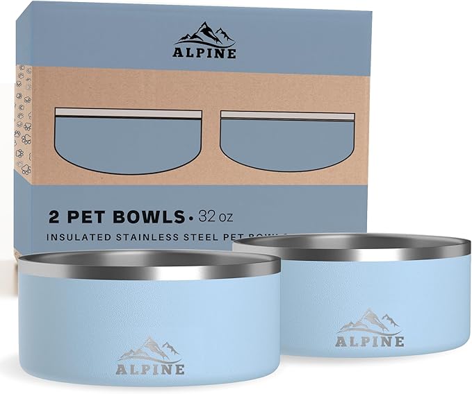 Alpine Set of 2 Stainless Steel Dog Bowls, Non Slip, Metal Pet Bowl for Food and Water, Double Walled Insulated, Rustproof, Dishwasher Safe- 32 Ounces- Sky Blue (AB)