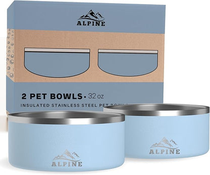 Alpine Set of 2 Stainless Steel Dog Bowls, Non Slip, Metal Pet Bowl for Food and Water, Double Walled Insulated, Rustproof, Dishwasher Safe- 32 Ounces- Sky Blue (AB)