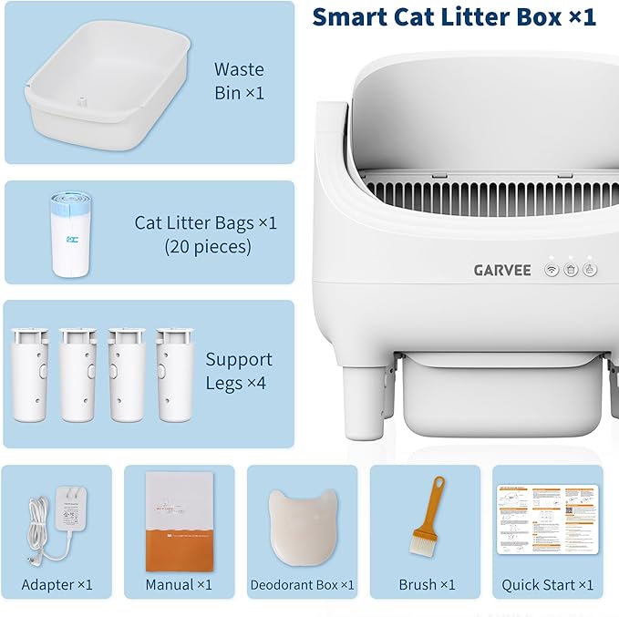 Self Cleaning Litter Box, Automatic Cat Litter Box with APP Control, Odor-Free Waste Disposal Includes Trash Bags, Large Waste Bin, Open-Top, for Multiple Cats, White