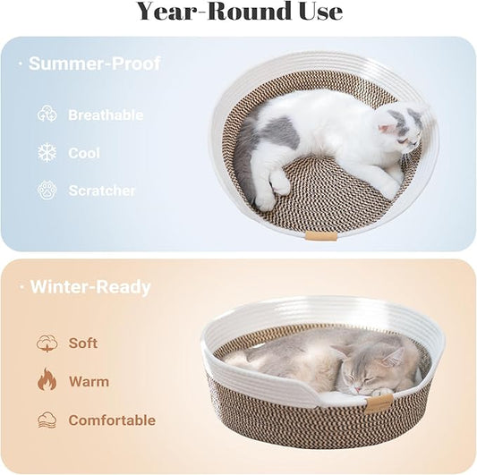 CHEERHOME PETS Cat Bed Basket with Cushion, Cute Pet Bed for Indoor Cats Couch, Kitten Bed for Medium and Large Cat, All Season Universal (Brown)