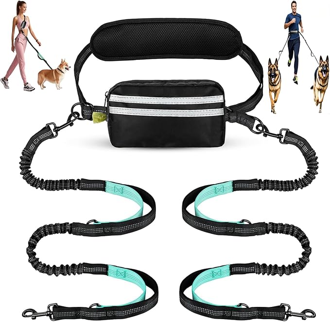 Hands Free Dog Leash Waist & Crossbody for Walking, No Pull Heavy Duty Bungee Double Dog Leash for Two Dogs with Pouch, Padded Handles & Reflective for Large Medium Dogs, Black