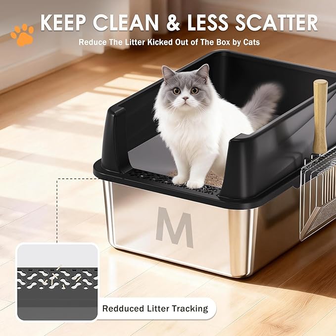 Stainless Steel Litter Box with Lid: Metal Cat Litter Box for Small Cats with Scoop, High Sided Kitty Litter Pan Tray, 17.4'' x 13.5'' x 8.5'', Non-Stick, Anti-Leakage, Easy Cleaning (Black)