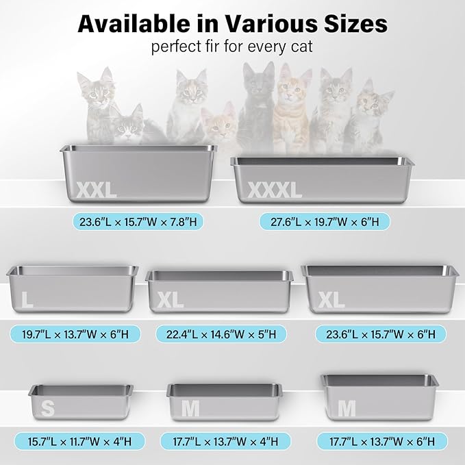 Stainless Steel Litter Box, 20"x14"x6" Large Metal Cat Litter Box, Easy to Clean, Non Stick No Smell,Steel Litterbox for Adult Cats/Kitty