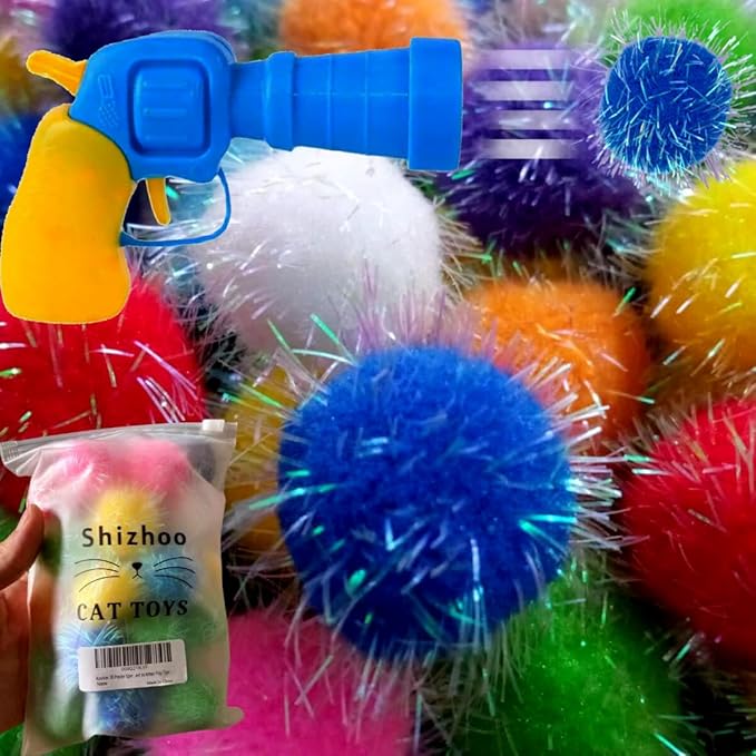 30 Pieces Sparkle Pom Pom Balls with Cat Toy Launcher - Asorted Colors Interactive Glitter Ball for Indoor Play 1.2 Inches Pompoms Thrower Best as Kitten Toys for Excercise and Entertainment.