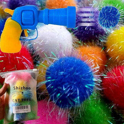 30 Pieces Sparkle Pom Pom Balls with Cat Toy Launcher - Asorted Colors Interactive Glitter Ball for Indoor Play 1.2 Inches Pompoms Thrower Best as Kitten Toys for Excercise and Entertainment.