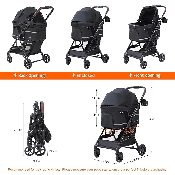 NO-Zip Pet Stroller for Small Dogs & Cats, Lightweight Dog Stroller with Reflective Safety Strips, One-Hand Fold, Claw-Proof Mesh, Breathable Travel Carriage, 33lbs Capacity, Black
