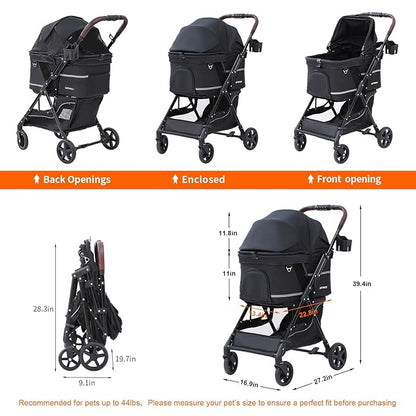 NO-Zip Pet Stroller for Small Dogs & Cats, Lightweight Dog Stroller with Reflective Safety Strips, One-Hand Fold, Claw-Proof Mesh, Breathable Travel Carriage, 33lbs Capacity, Black