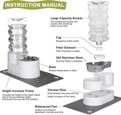 RIZZARI Automatic Pet Waterer, Gravity Stainless Steel Water Dispenser, 100% BPA-Free, Large Capacity Water Feeder for Cats and Small and Medium-Sized Dogs (8L, Bright White)