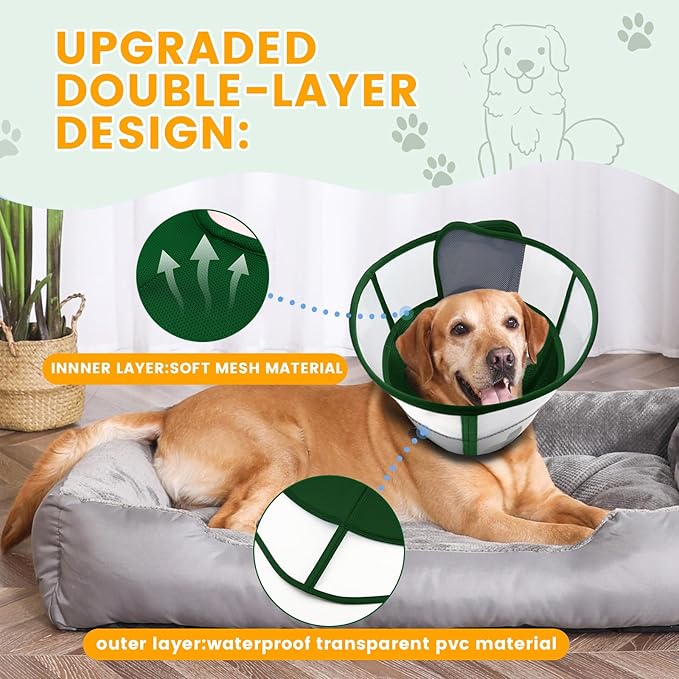 Soft Dog Cone Collar for Dogs After Surgery, Transparent Breathable Pet Recovery Collar for Large Medium Dogs, Adjustable Dog Cone Collar, Elizabethan Collar (S, Dark Green)