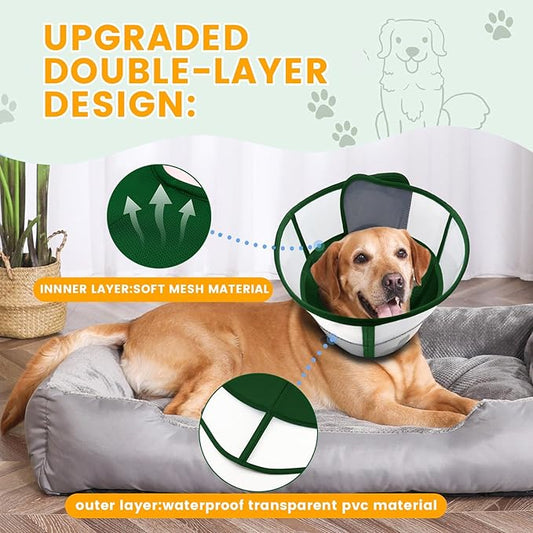 Soft Dog Cone Collar for Dogs After Surgery, Transparent Breathable Pet Recovery Collar for Large Medium Dogs, Adjustable Dog Cone Collar, Elizabethan Collar (M, Dark Green)