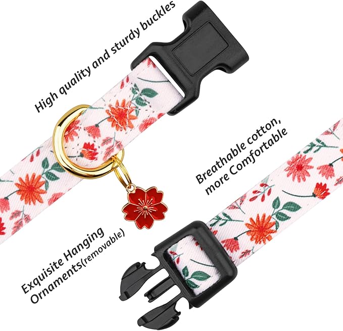 Cotton Handmade Dog Collar Cute and Distinctive Patterns Red and White Flower with Pendant for Girl Boy Dogs Collars L
