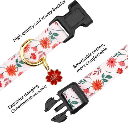 Cotton Handmade Dog Collar Cute and Distinctive Patterns Red and White Flower with Pendant for Girl Boy Dogs Collars L