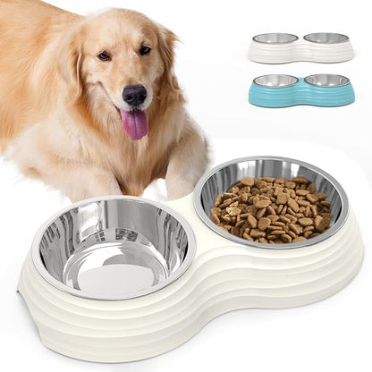 Stainless Steel Dog Bowls Set, Double Food & Water Bowls for Dogs, Dual Dog Food Bowl with 2 Medium (14oz*2) Bowl, Non-Slip Pet Bowls Suitable for Puppies, Cats and Medium Breed Dogs (White)